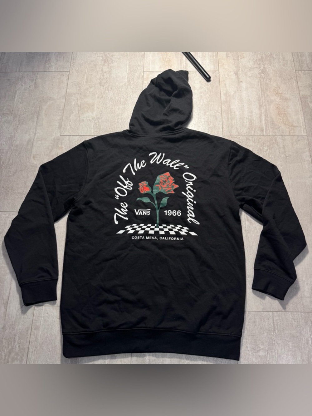 Vans Black Hoodie with Red Rose and Green Stem Graphic Off The Wall Sz L